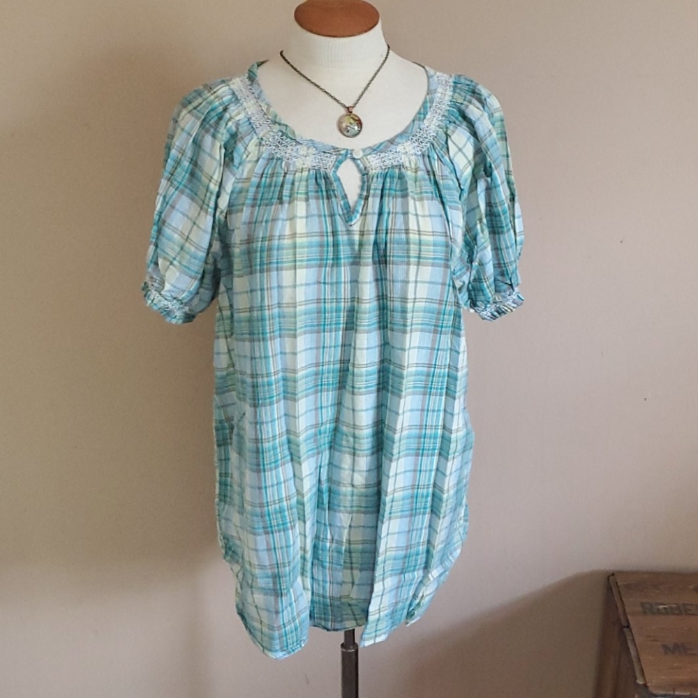White plaid aqua and green short sleeved size 1X